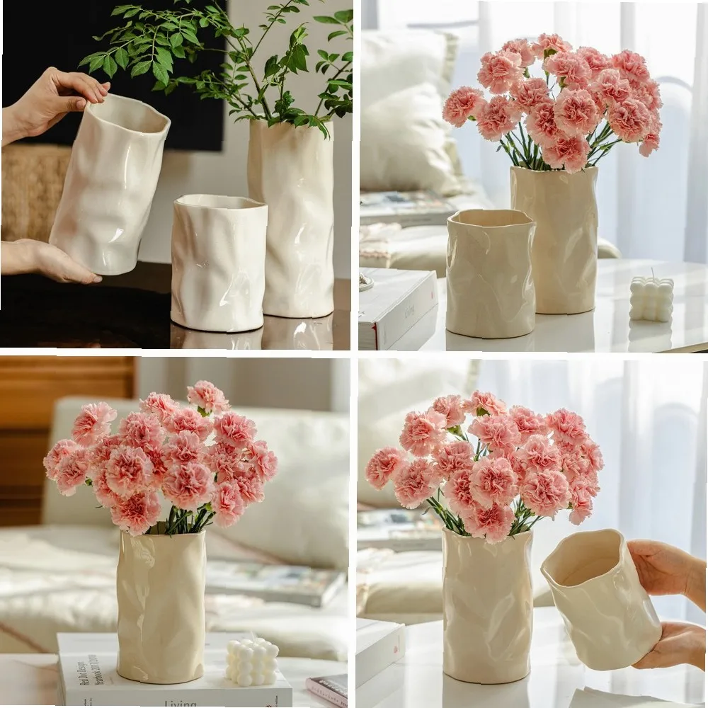 Cream Wind Ceramic Vase Ornaments Living Room Flower Arrangement Dried Flowers Large Diameter Luxury High Sense Irregular Vase