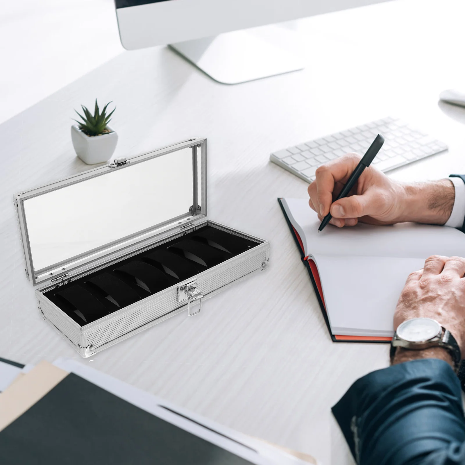 

Silver Aluminium Watch Box Transparent Top Window 5 Watches Design Jewelry Organizer Watch Box Jewelry Organizer