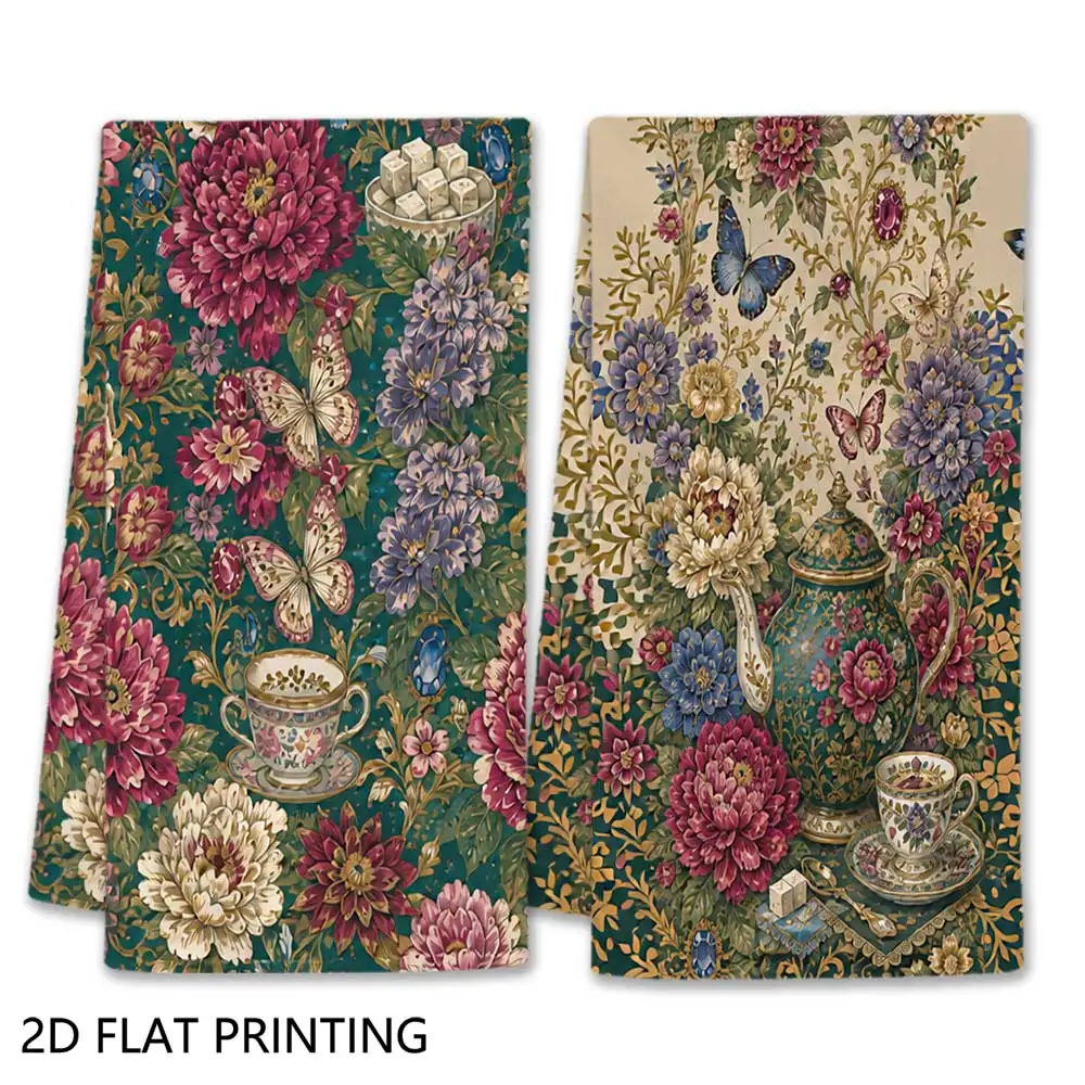 Jit 2pcs Vintage Floral Teapot Butterfly Pattern Dish Towels For Home Kitchen Cottage Decor
