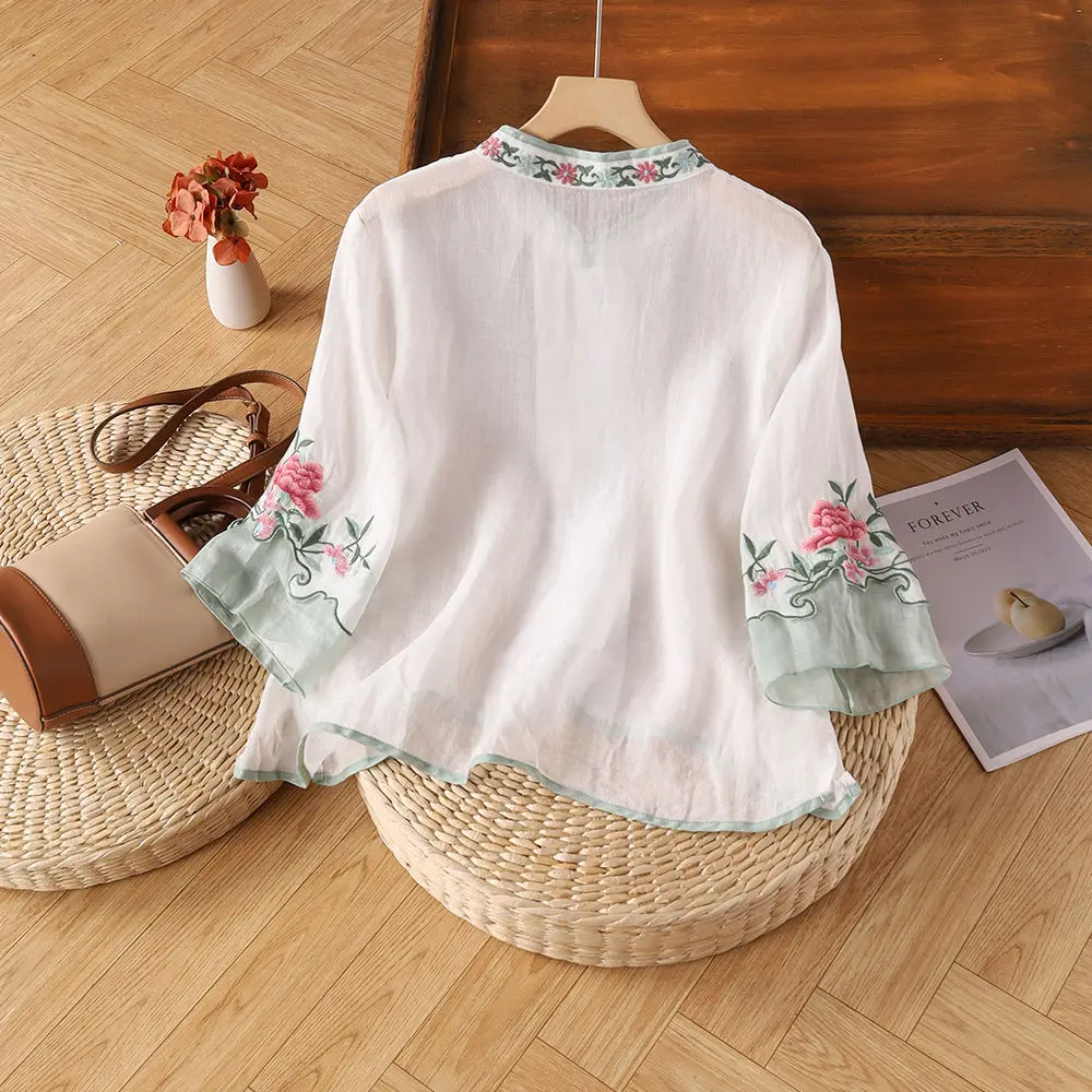 Cotton Linen New Summer Retro Ethnic Embroidered Shirt Women\'s Retro Button Color Blocked Seven Quarter Sleeve Top Loose Fit