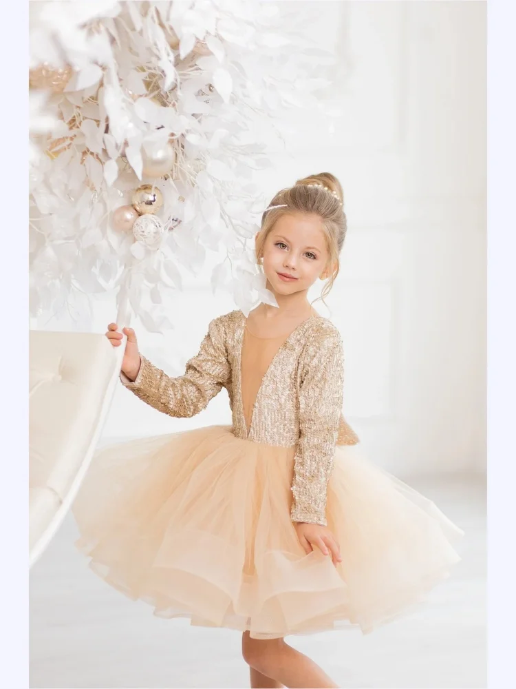Custom Champagne Flower Girl Dresses Long Sleeve Fluffy Short Tulle Tutu Skirt Back Bow Birthday Wedding Photoshoot Performance
