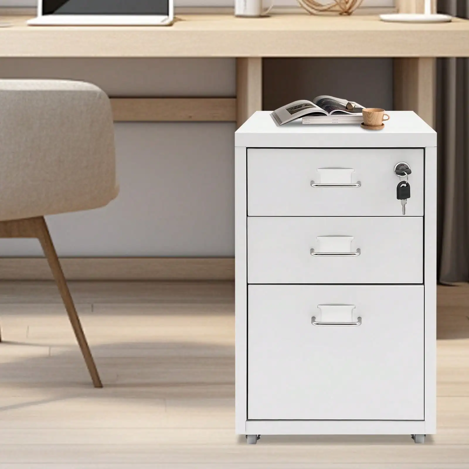 

3 Tiers Vertical File Cabinet, Metal Mobile File Cabinet with Lock, Lockable Filing Cabinet Under Desk for Office