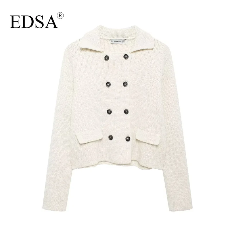 EDSA Women Beige Knit Bitton-up Jacket with Flap Pockets Double Breasted Turn-down Collar Long Sleeves for Autumn