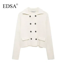 EDSA Women Beige Knit Bitton-up Jacket with Flap Pockets Double Breasted Turn-down Collar Long Sleeves for Autumn