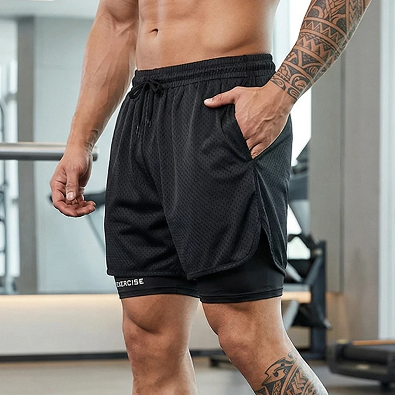 

Новые мужские летние шорты для бега 2 в 1, двухслойные, быстросохнущие, сетчатые, дышащие, с карманами, повседневные спортивные шорты для фитнеса