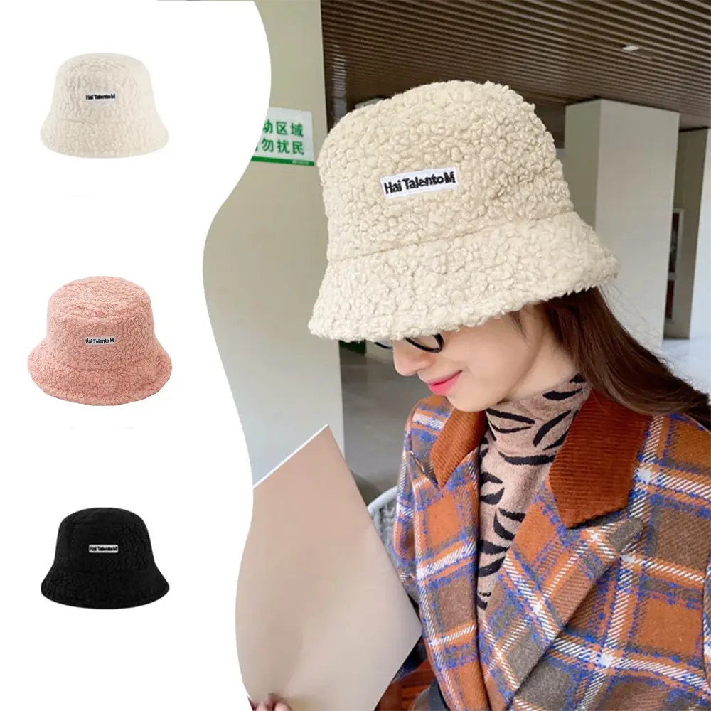 Winter Girl Boy Bucket Hat Cute Lamb Wool Letter Kids Fisherman Hat Solid Flat Top Hats Children Outdoor Thick Warm Sun Cap