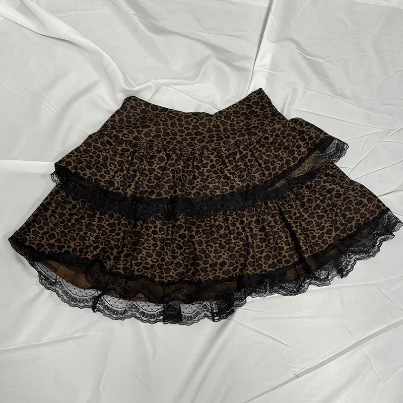 Harajuku Girls Leopard Print Punk Grunge Skirts Women 2000s Y2k Aesthetic Cake Skirt Streetwear Lace Vintage Kawaii Mini Clothes