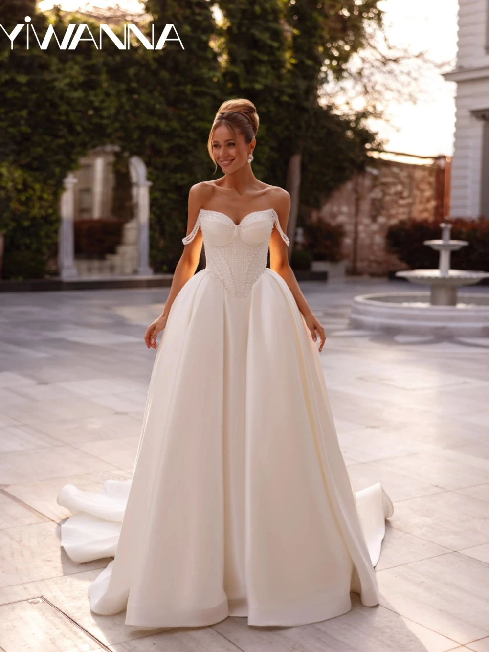Ivory Sparkling Beads Pears Long Wedding Dress Charming Satin Off Shoulder Bridal Gown Customized New A-line Dresses For Bride