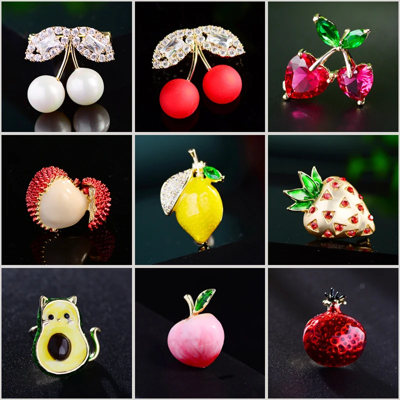 Cretive Small Lemon Mango Avocado Mangosteen Litchi Lapel Pins Lovely Fruit Zircon Enamel Brooch Accessories Gifts to Friends