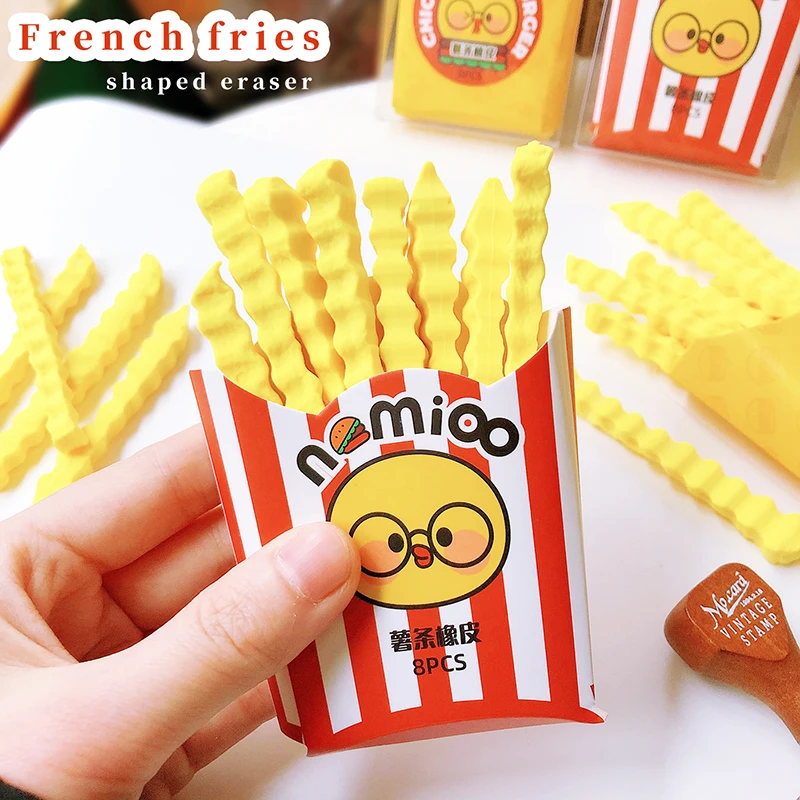 office supplies Students Cool Prizes Kawaii Stationery Cute Rubber School Supplies kit Novelty french fry shaped Eraser for Kids