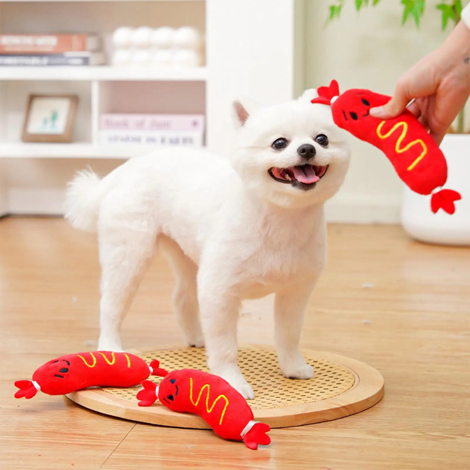 Hund Quietschspielzeug Hot Dog Form Plüsch Welpen Kauen Zubehör Haustier Schleifen Zähne Spielzeug für Haustier Eltern Trainer Wohnung Schlafzimmer