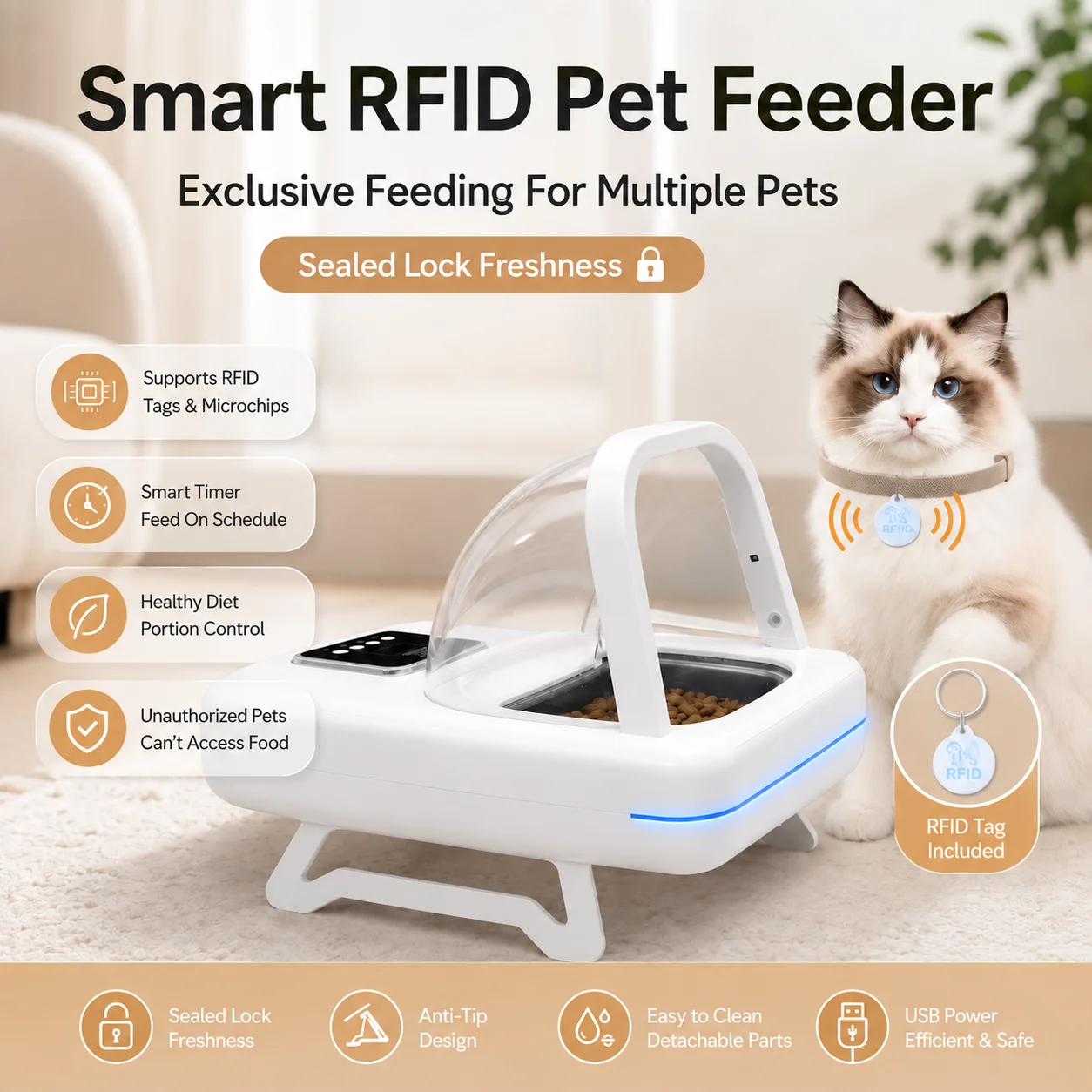 Smart Pet Feeder Automatic Cat Food Dispenser Microchip Recognition Timer Control Rechargeable LCD Display BPA Free Pet Supplies