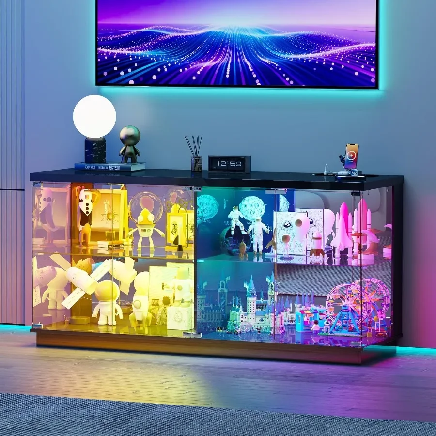 47.2" W Display Cabinet with Glass Doors and Sensor RGB Lights, Black