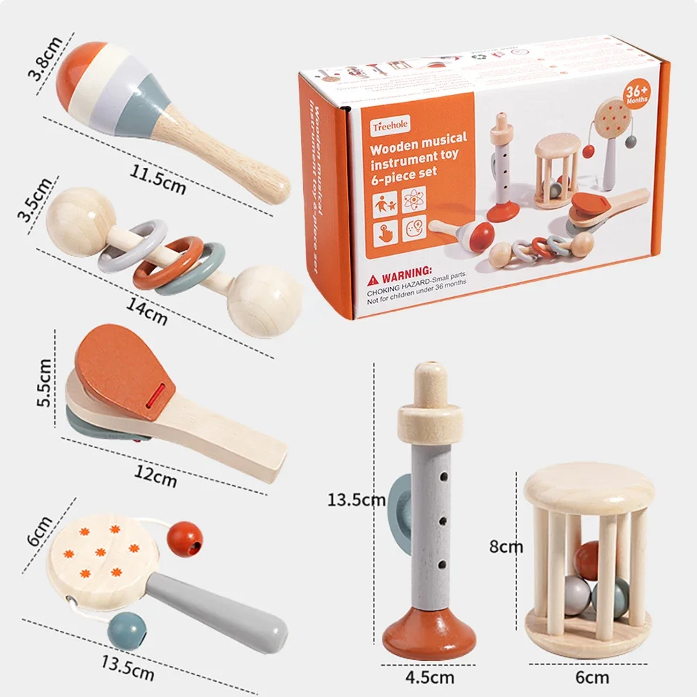 Zabawki drewniane Montessori Instrumenty muzyczne dla maluchów Zestaw instrumentów perkusyjnych z marakasami, trąbką, kasztanetami Prezent urodzinowy