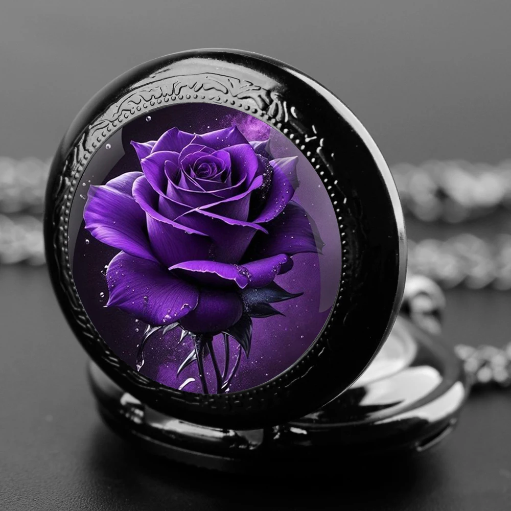 Delicate Gifts Quartz Pocket Watch Purple Rose Design Glass Dome Necklace Pendant Clock for Mens Womens