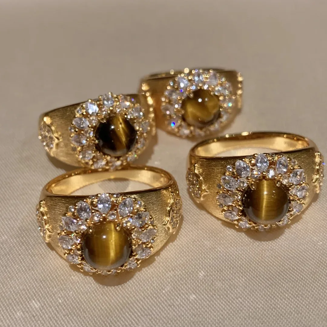 

Maillard Style Luxury Retro Tiger Eye Ring - Wide Stackable Finger Rings Super Shiny Micro-Pave Brushed Index Jewelry for Women