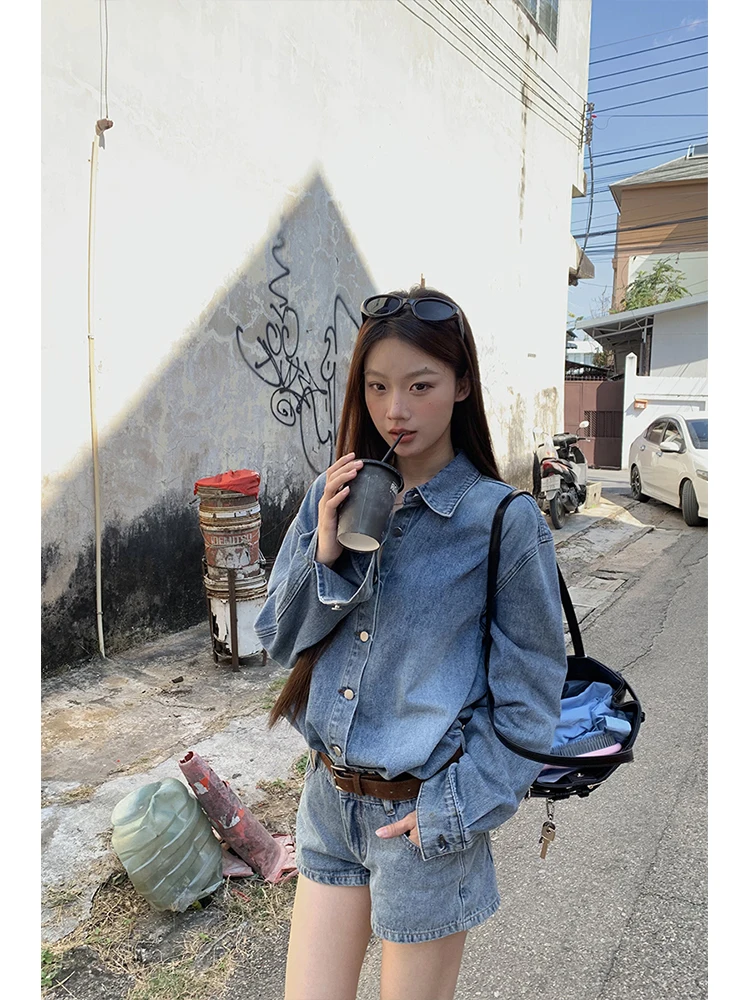 

Red Celebri Denim irt Women's Autumn Trendy Top Luxury Youthful Sle Two-Piece Set Straight Cut Cotton Polyester Blend