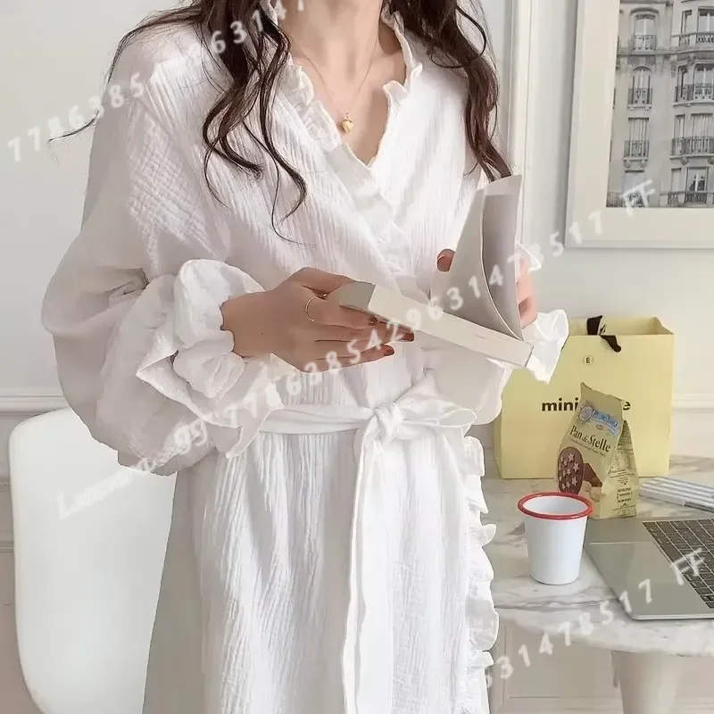 Women Spring Summer Long Sleeve Robe Sweet Ruffled Thin Solid Color Pajamas Home Wear Simple Ins Style Girls Nightgown