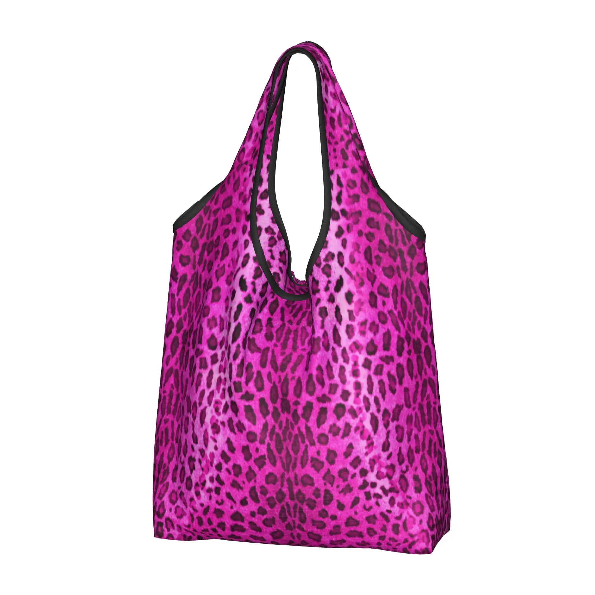 Pink Leopard Groceries Tote Shopping Bag Women Fashion Animal Skin Print Shoulder Shopper Bag Large Capacity Handbag