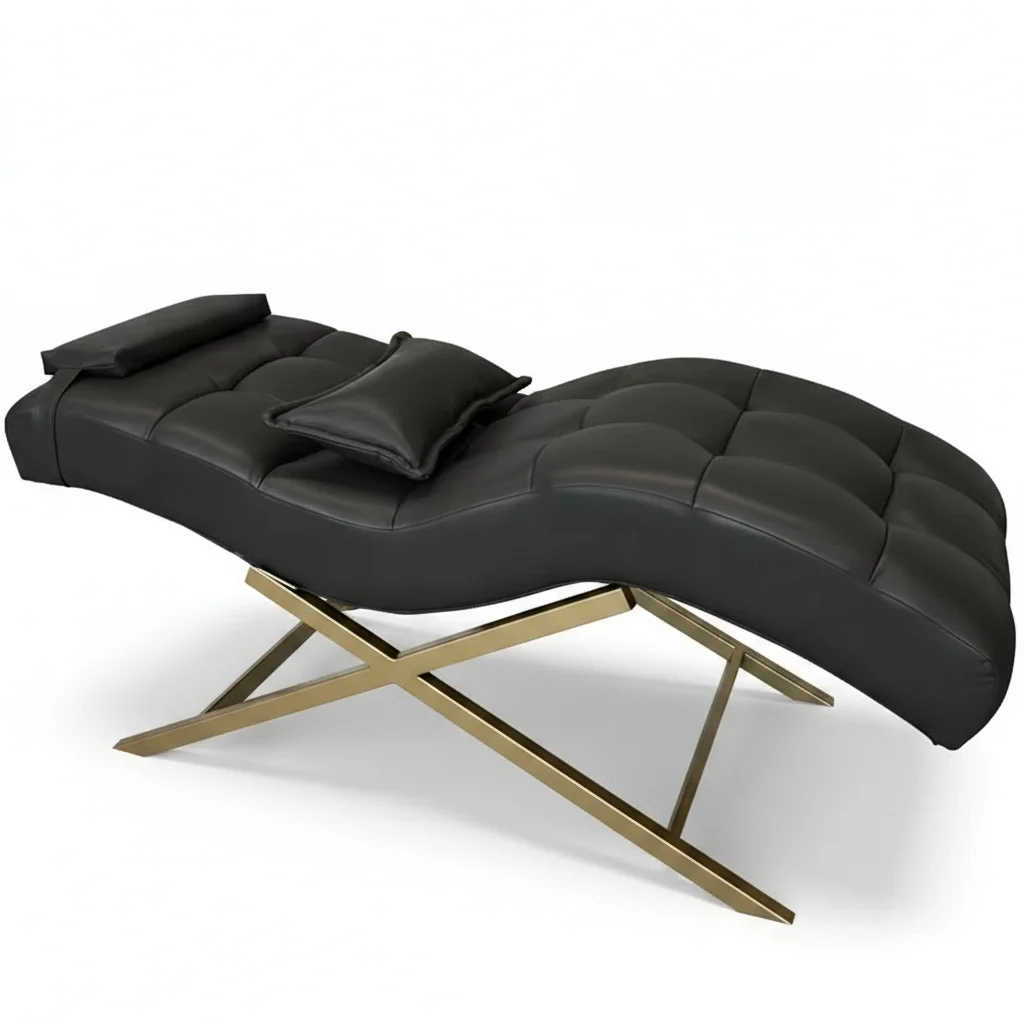 

Beauty Bed, Black Leather Extension Bed with Luxury Gold Metal Base, 55 KG Curved Massage Bed, Premium Salon Furniture