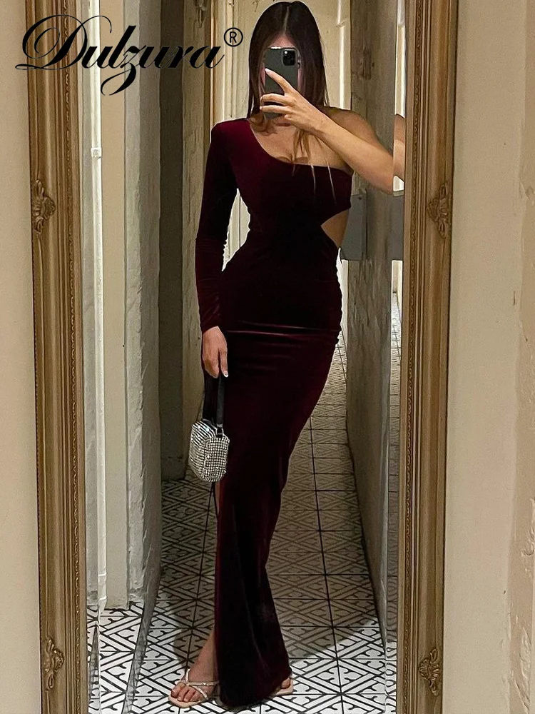 Dulzura Velvet Y2K Clothes One Shoulder Hollow Out Long Sleeve Backless Side Slit Bodycon Elegant Maxi Dresses Women Club Party