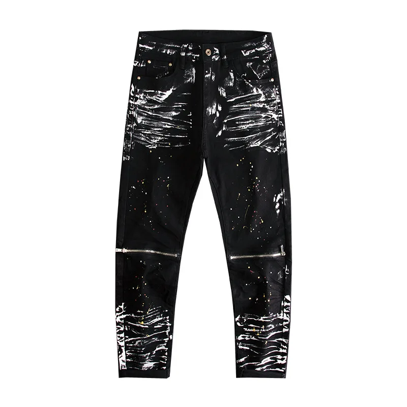 Paint printed patchwork jeans men's black motorcycle style knee zipper trendy high-end slim fit small foot heavyweight pants