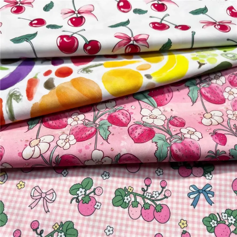 Strawberry Cherry Print Lightweight Cotton Poplin Fabric Summer Handmade DIY Children Dresses Sewing Material Craft Wholesale