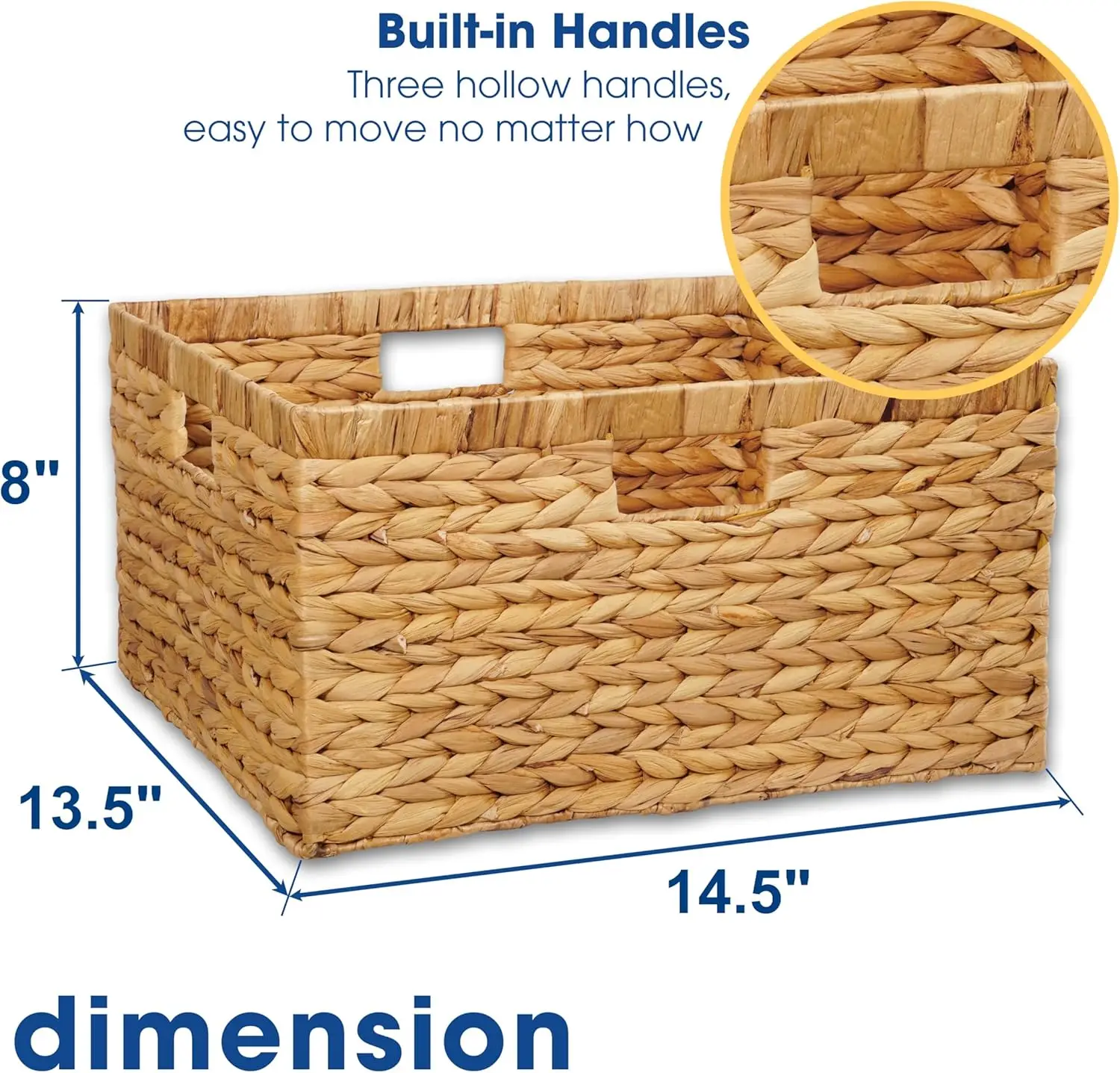 Natural Woven Storage Baskets Set of 3, Large Rectangular with Handles for Home Organization