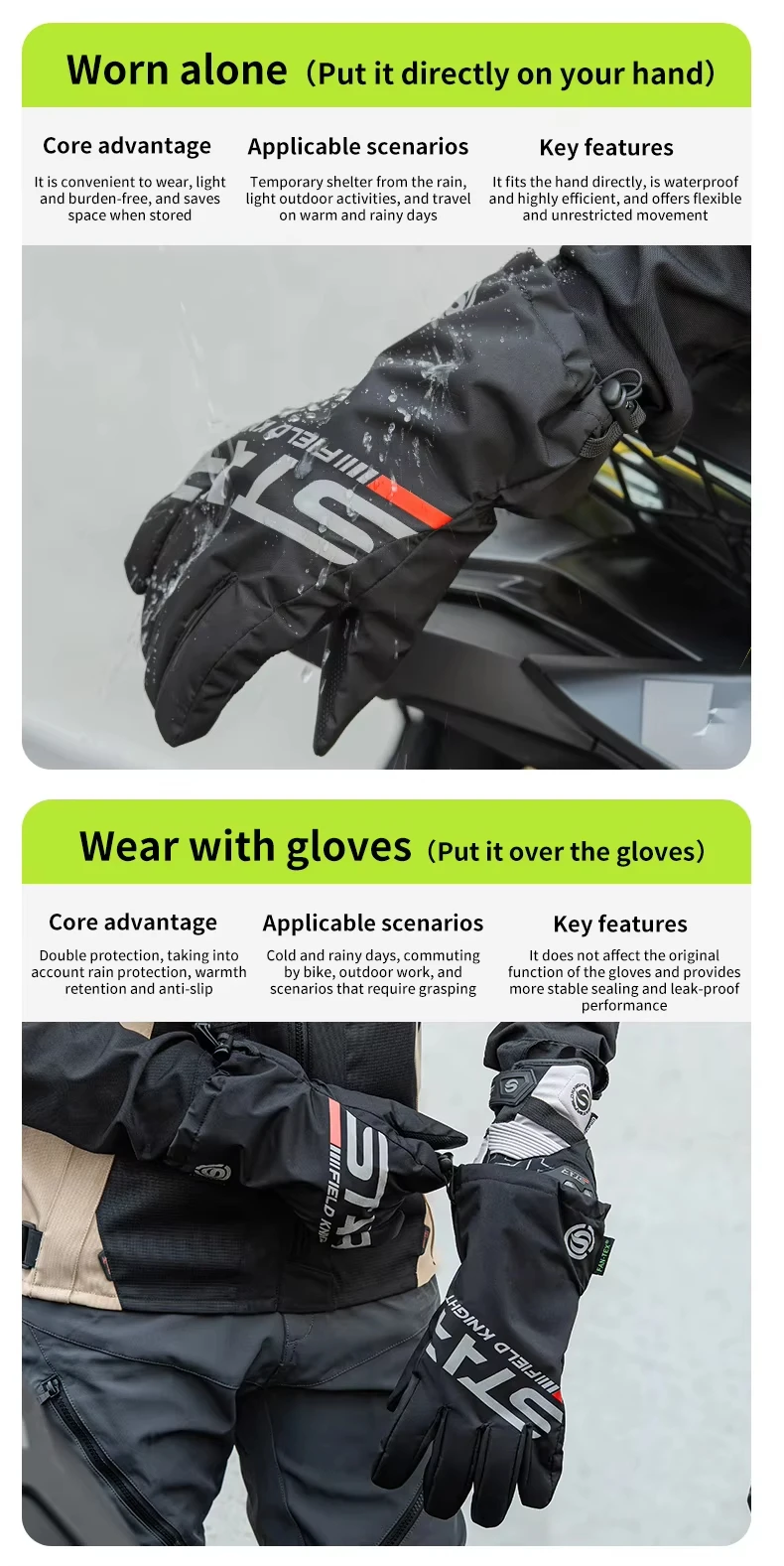Vier-Jahreszeiten-wasserdichte Motorradhandschuhe, Touchscreen-kompatible, warme, regenfeste Handschuhüberzüge für Motorradreisen und Motorradfahren. – Detail 11