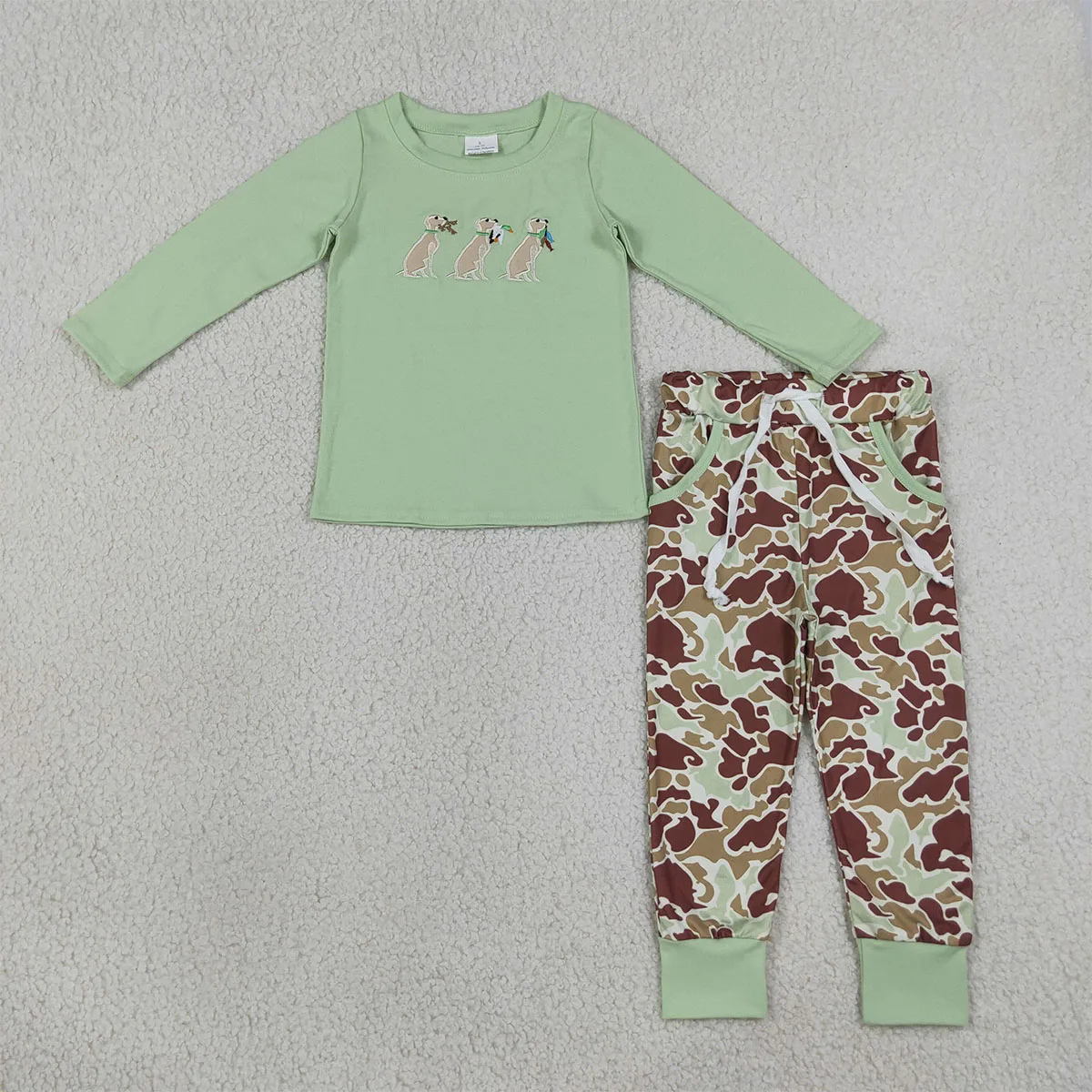 Baby Boy Long Sleeve Embroidery Dogs Ducks Pullover Top Kids Set Pants Hunting Infant Children Toddler Outfit Clothes Wholesale