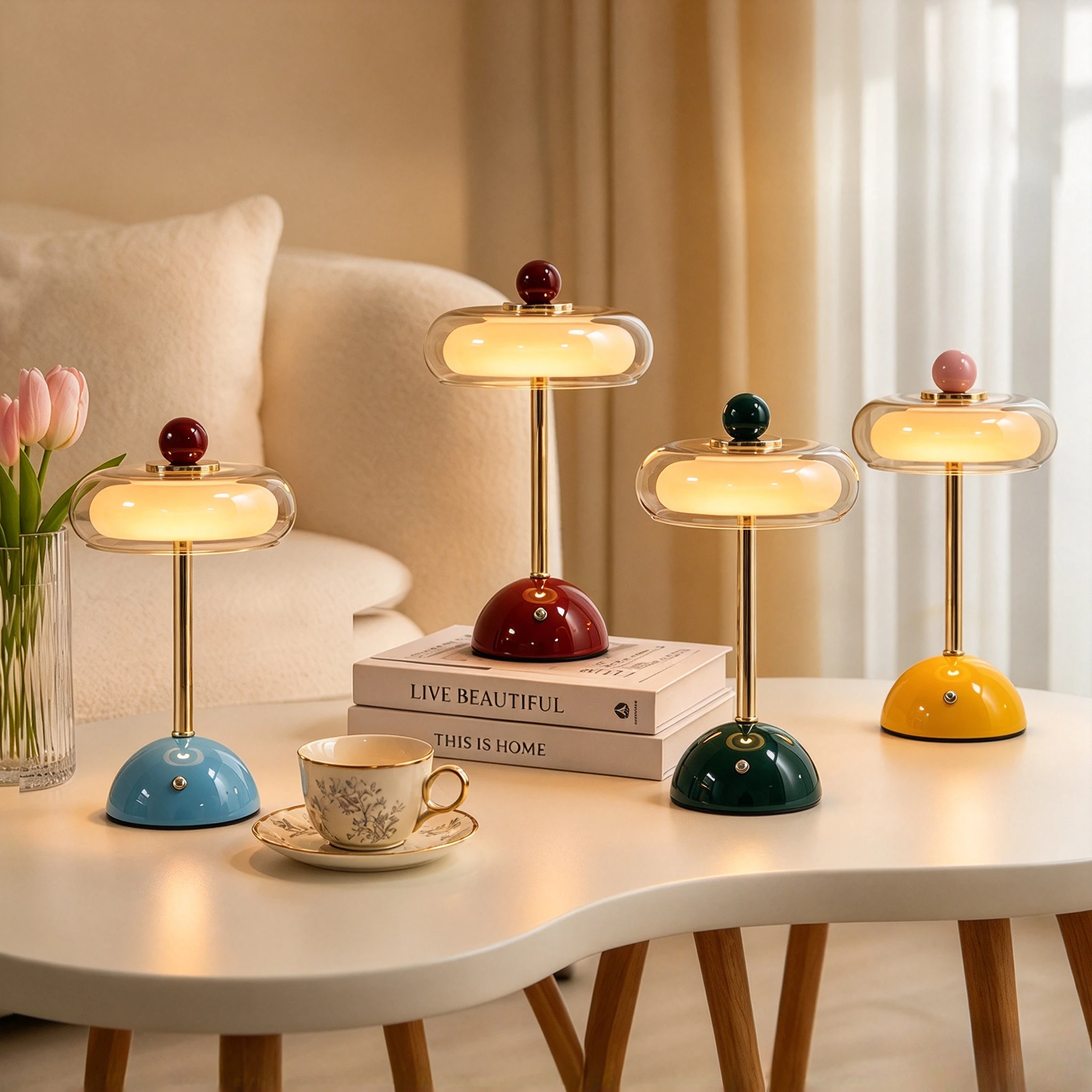 Multi‑color Vintage Flying Saucer Desk Lamp Dopamine LED Bedside Table Light for Apartment Bedroom Home Decor Golden Metal Pole