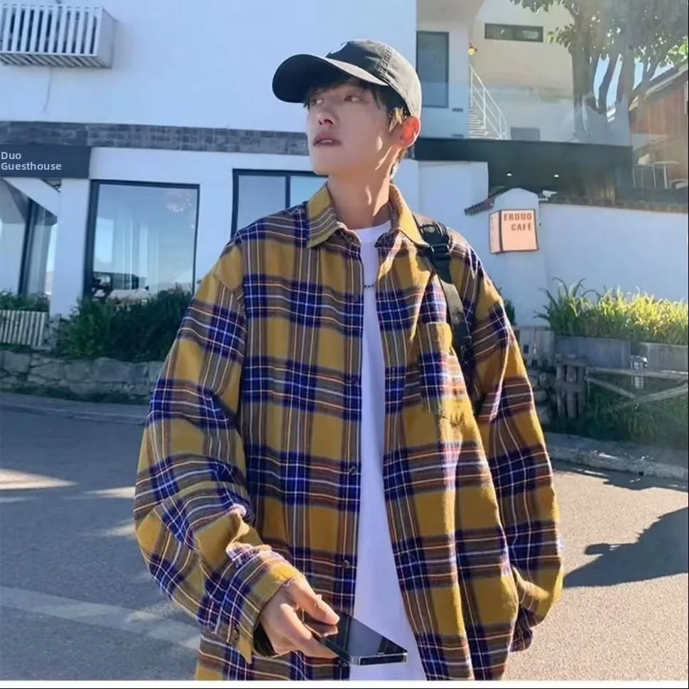노란색 체크무늬 긴팔 셔츠 빈티지 아메리칸 레트로 하이 스트리트 유니섹스 봄 가을 커플 매치 스탠다드 핏 다림질 필요 없음