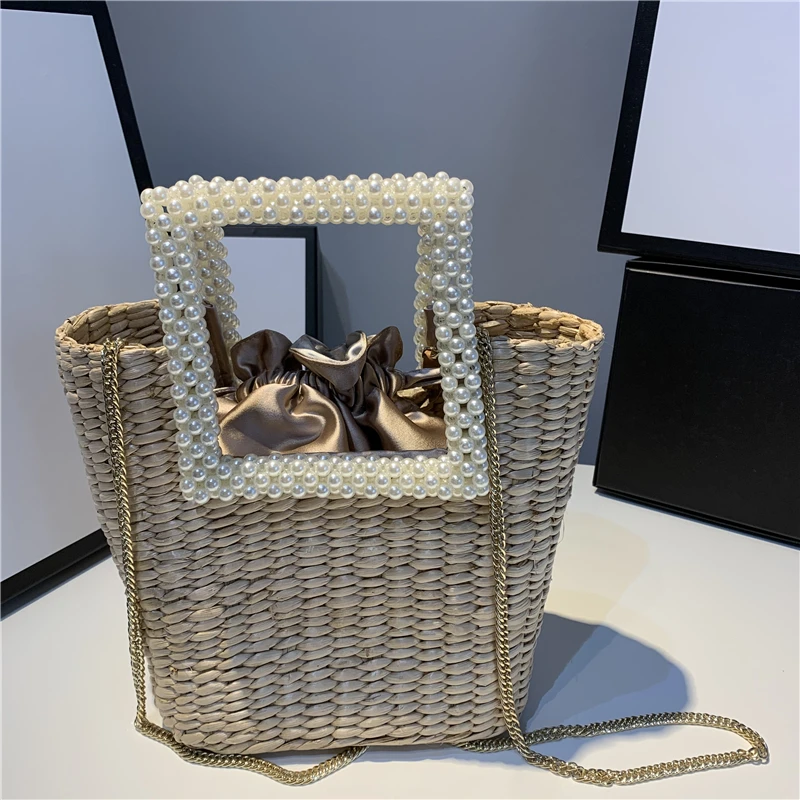 

Straw Woven Handmade Bucket Bag Women Pearl Beaded Handle Handbag Summer Holiday Vacation Beach Bag Shoulder Crossbody Bag