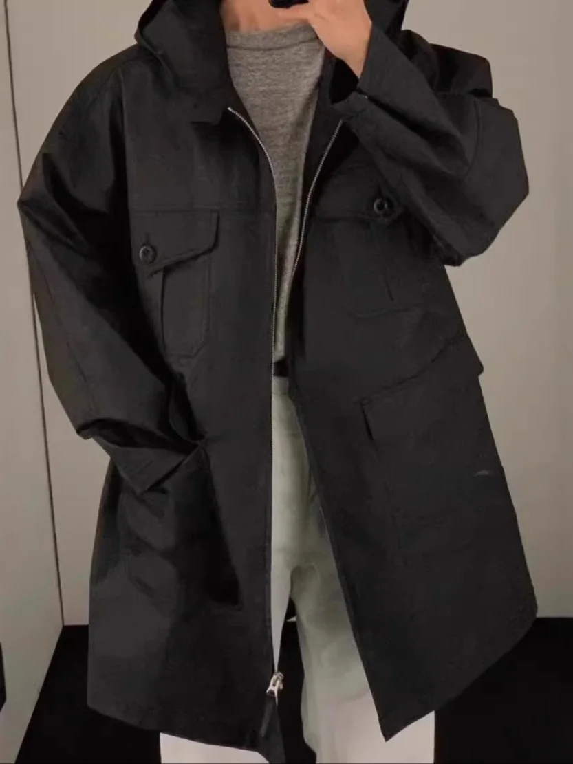 

NingNing Korean 30 Retro Workwear Outdoor Hooded Jaet Mid-Length Windproof Coat Spring 2025 Street Sle Loose Fit Cotton