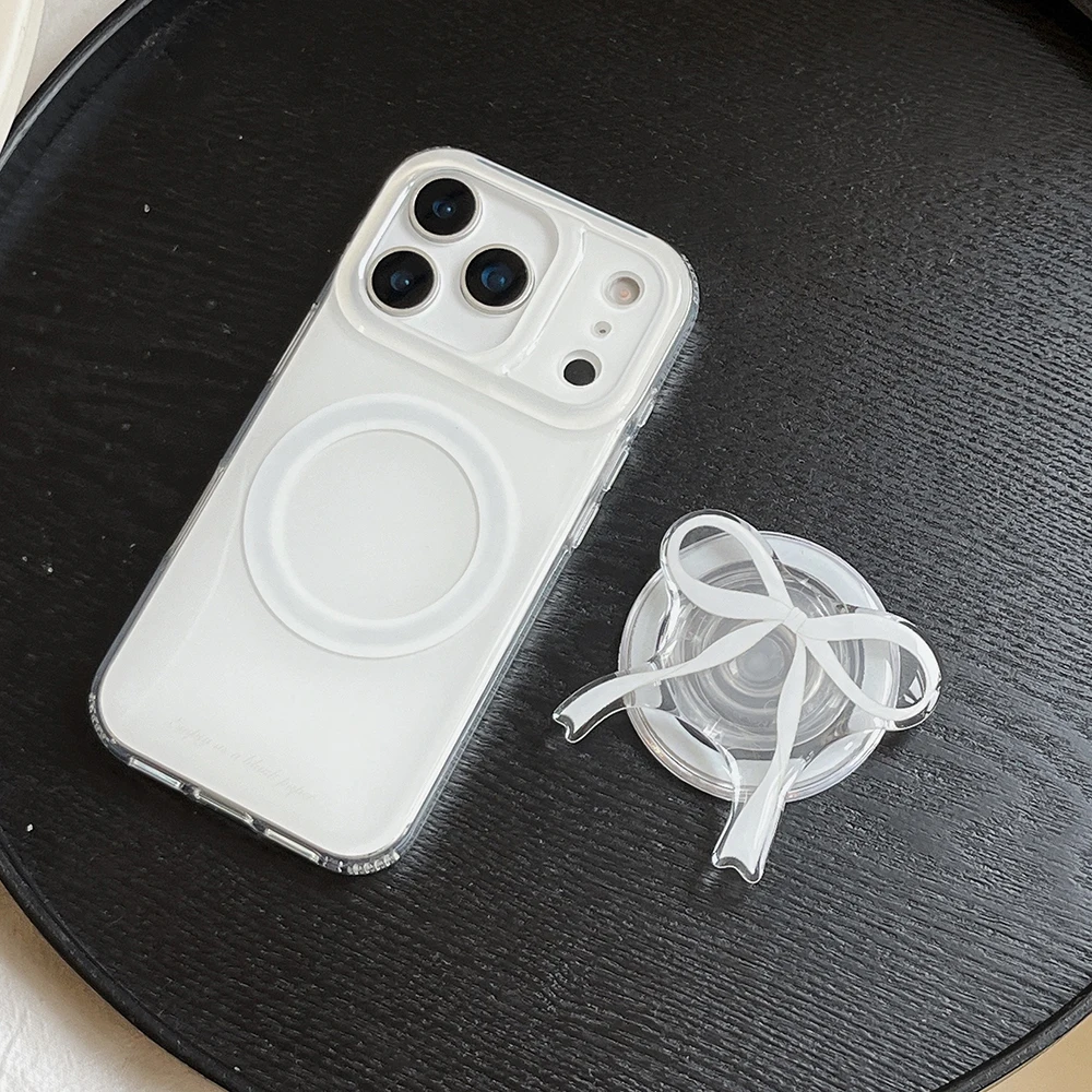 

White Solid Color Magnetic Grip Tok Phone Case for iPhone 13 16 15 14 17 Pro Max Wireless Charge Cute Bowknot Cover for Magsafe