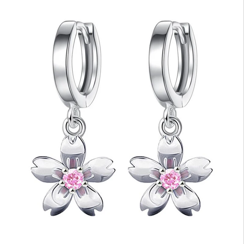 Fashion Child 925 Silver Pink Zirconia Cute Flower Hoop Earrings Girl Women Beautiful Huggies Earring Jewelry Anti-Allergic E198