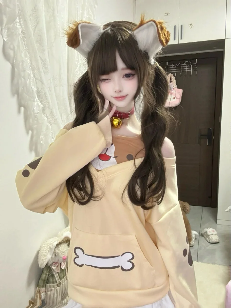 2025 Spring and Autumn Japanese Style Soft Girl Cute Off-Shoulder Fake Two-Piece Sweatshirt Yellow Loose Long Sleeve Pocket Top