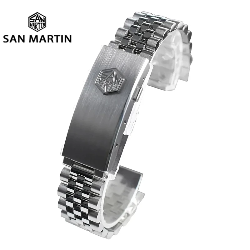 

San Martin Jubilee Bracelet Stainless Steel Watch Parts For 20mm Curved End Links Fly Adjustable Clasp For SN0008 SN0128