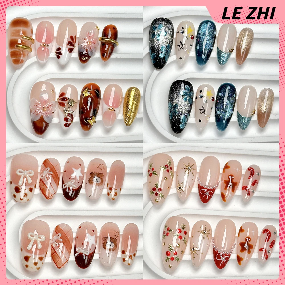 

10Pcs Cartoon Bear Colorful 3D Flower Almond Handmade Wearable Press On Nails Cat Eyes Bowknot Stars Pearls French Fake Nails