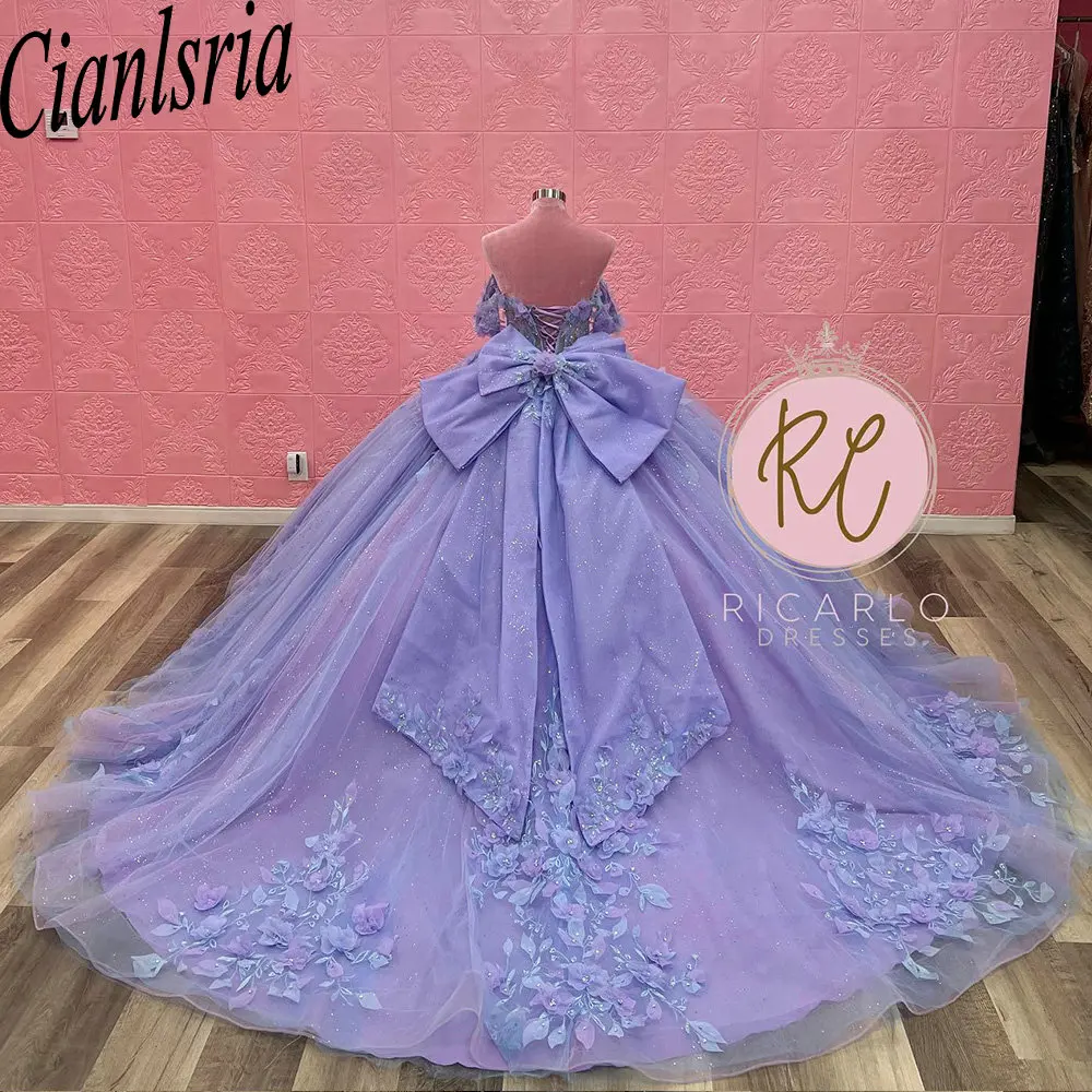 Lilac Illusion 3D Flowers Appliques Lace Ball Gown Quinceanera Dresses Off The Shoulder Crystal Corset Vestidos De 15 Años