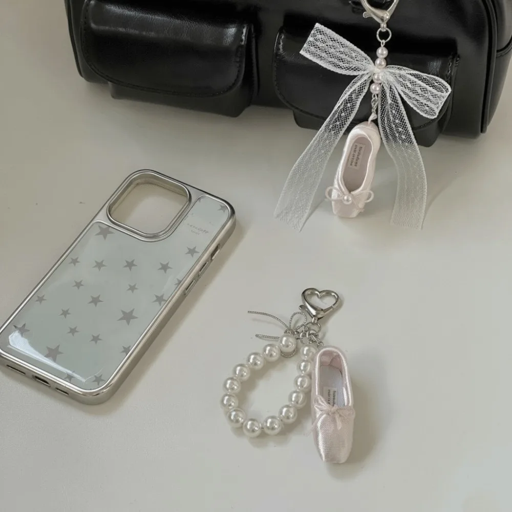 Ins Pearl Ballet Shoes Key Chain Pink Ribbon Ins Korean Ballet Shoes Pendant Mobile Phone Pendant Bag