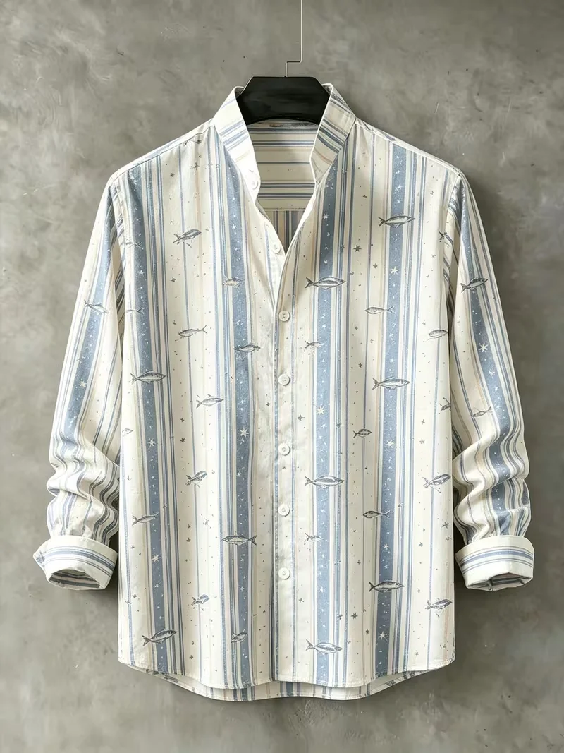 New men's hibiscus flower asymmetrical branch and leaf printed long sleeved shirt with a hanging collar top