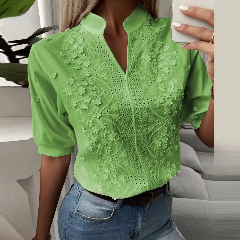 Summer Lace Hollow-out Chic Short Sleeve Blouse Hook Flower Embroidery Casual Solid Cotton Shirt Green White Top Women Clothing