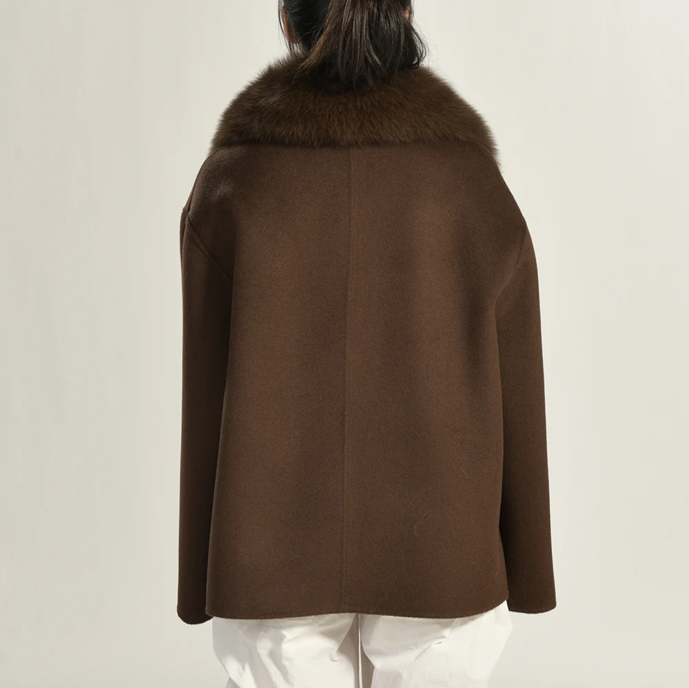 Jxwatcher Doppelseitiger Wollmantel mit echtem Pelzkragen 2025, Herbst, zweireihige braune Wolljacke für Damen, Winter, neu in Oberbekleidung