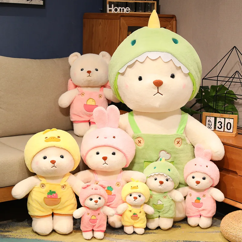 25-60cm dev ayı Cosplay Panda dinozor civciv Bunny domuz Kawaii kapşonlu karikatür hayvanlar Plushie yastık oturmak doğum günü