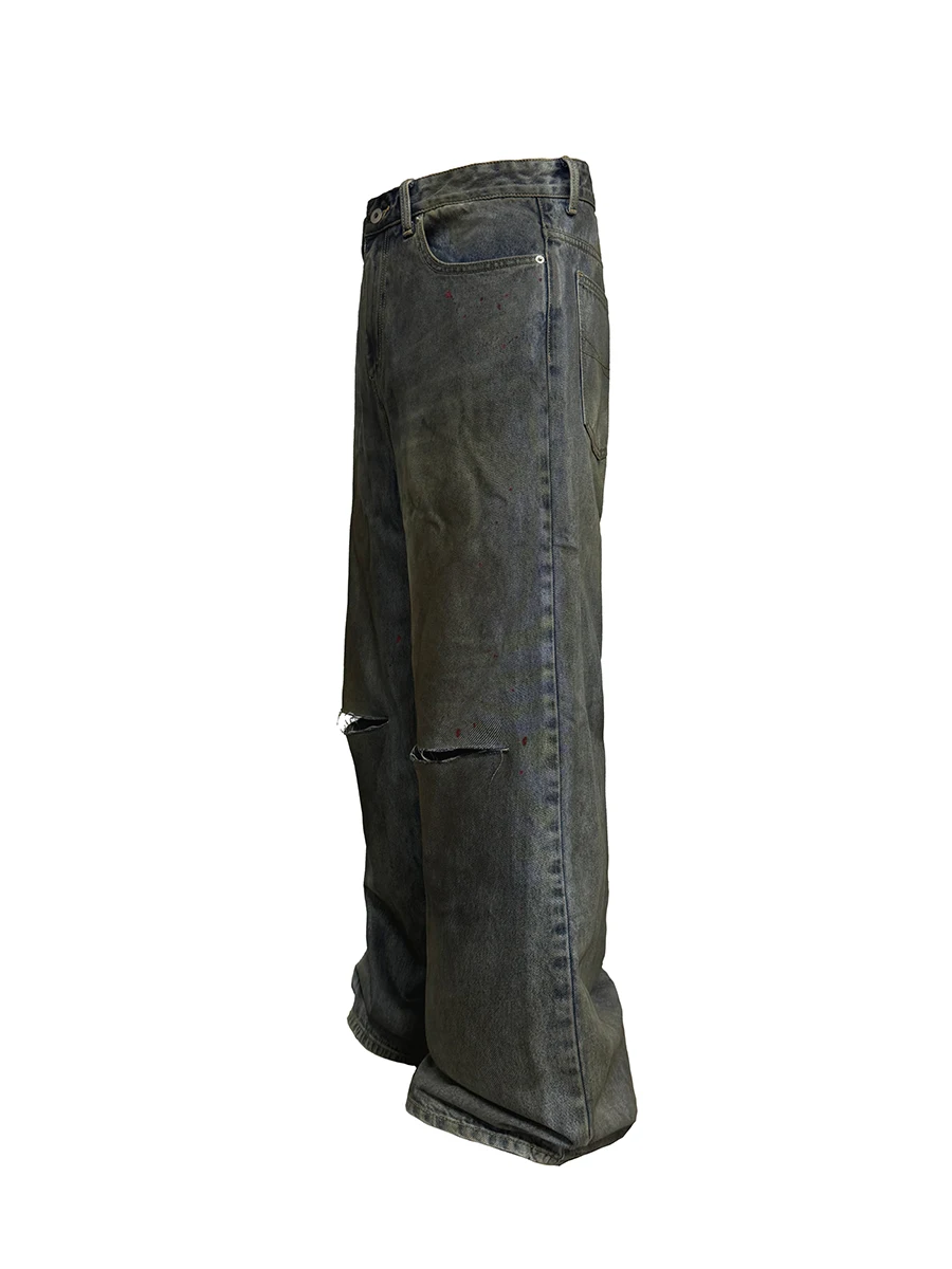 JCAESAR Bloodstain Denims Distressed Cotton Jeans mid Waist Zipper Casual Loose Bell Bottoms Wear Resistant Summer Jeans