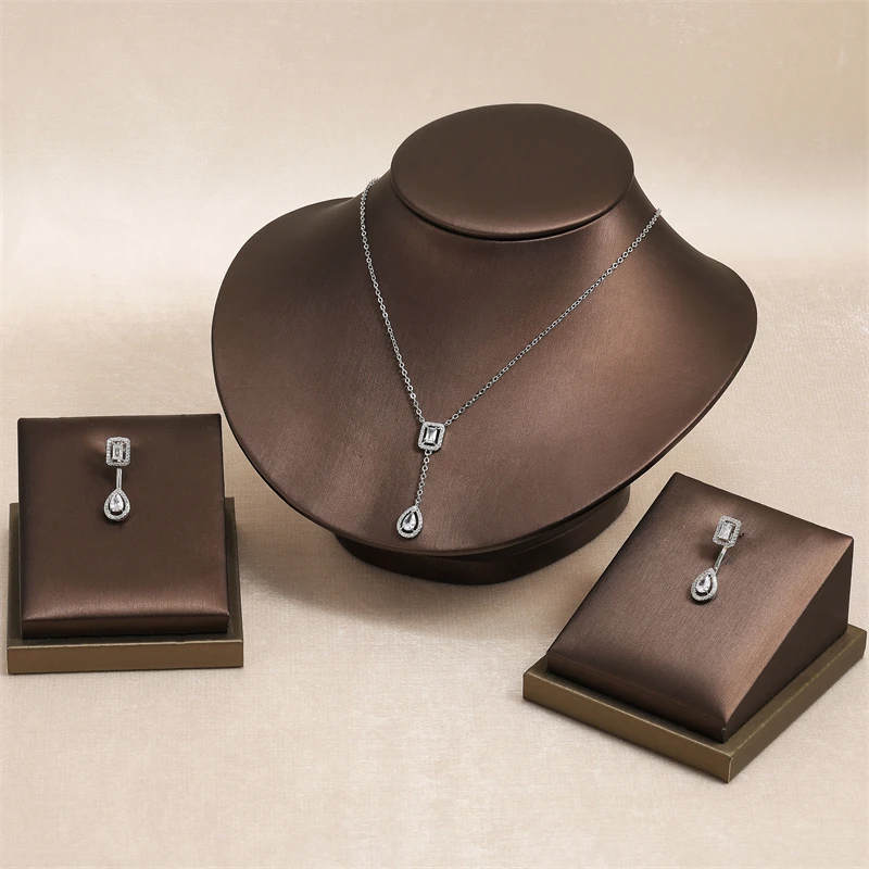 RAKOL Stylish Geometric Paper Clip Zircon Pendant Necklace Earrings For Women Men Gold Silver Color Statement Jewelry Set Gifts