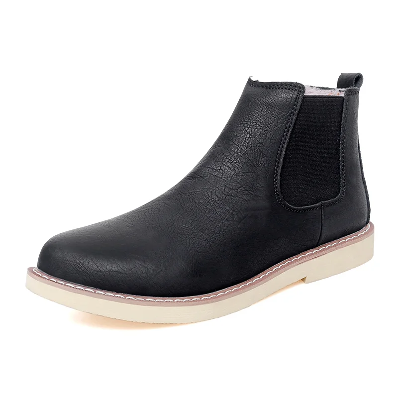 Mens Leather Chelsea Boots British Style Casual Slip On Short Ankle Boot Winter Plush Warm