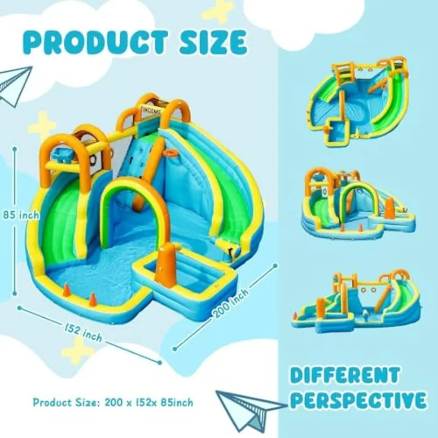 Backyard outdoor inflatable water slide for kids with splash pool, basketball hoop, ball shooting, and water cannon; PVC materi