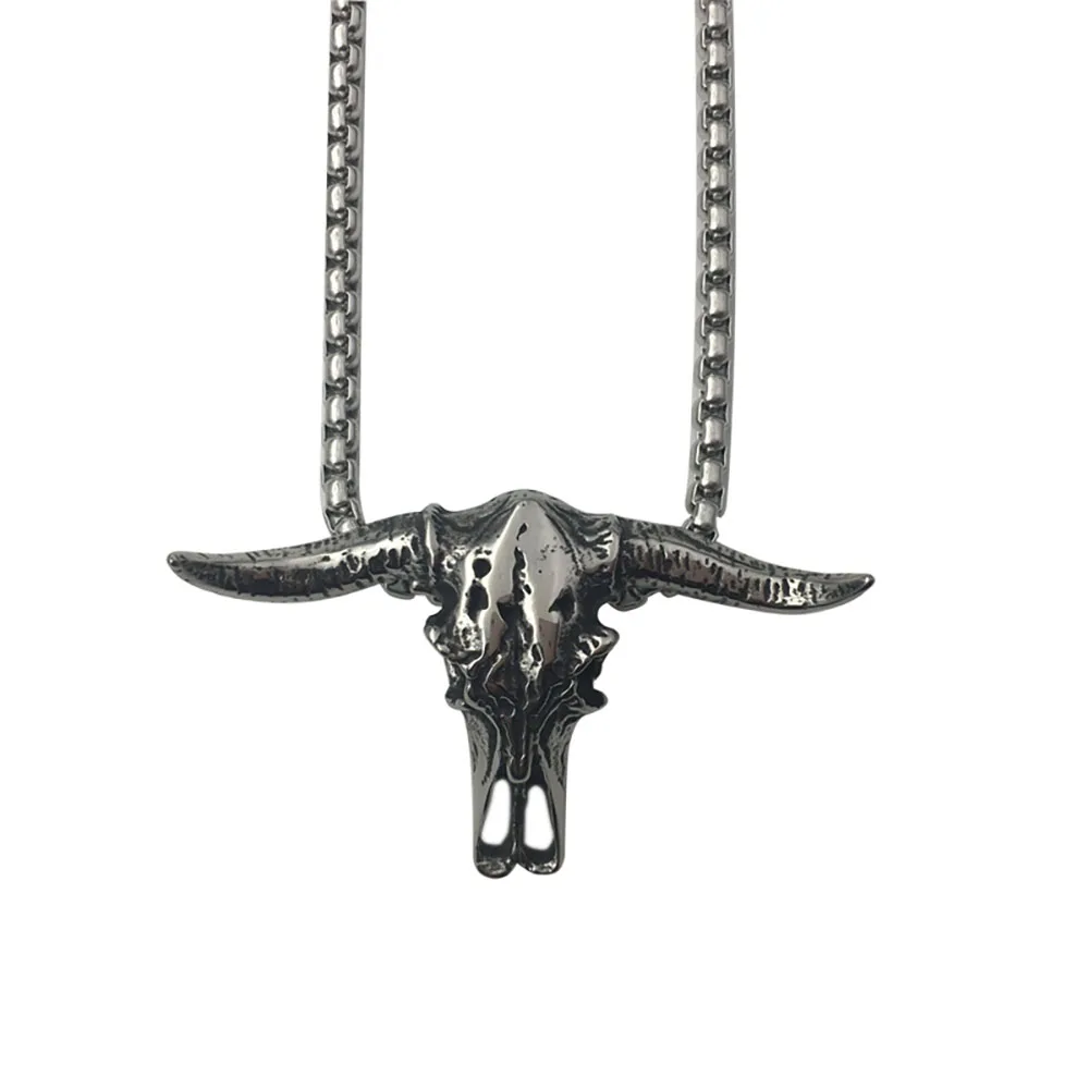 Vintage Stainless Steel Bull Head Skull Pendant Necklace Men Biker Animal Skull Bull Necklace Gothic Jewelry Gift Wholesale